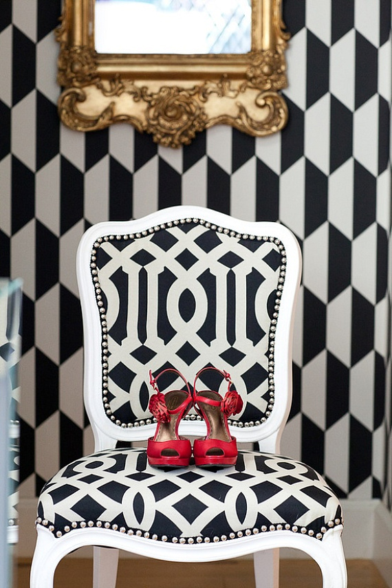 Monochrome geometric print chair and wallpaper